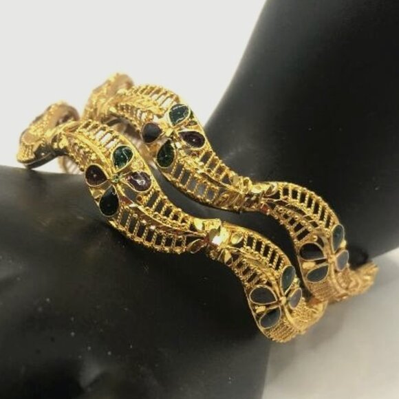 Unbranded Jewelry - 2 Gold-Tone with Green & Red Enamel Flower Petals Bangles